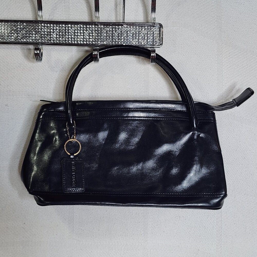 Estee Lauder Black Faux Leather Gold Tone Keychain Hardware Satchel Makeup Bag